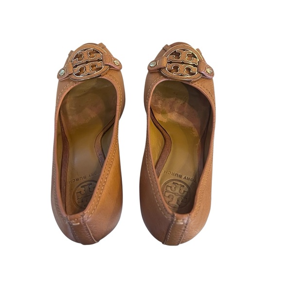Tory Burch Selma Peep Toe Wedge in Brown Tan Tumbled Leather Women's Size 7.5 - Picture 7 of 14